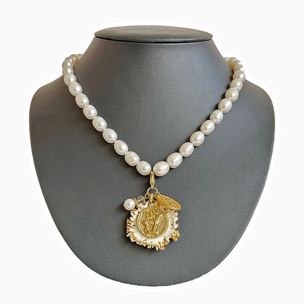 Perlenkette mit Geweihkombination gold/echte Perlen